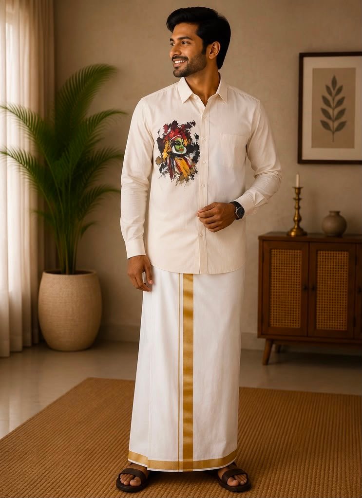 Men's Cream Kathakali Portrait Graphic Long-Sleeve Shirt & Dhoti Set