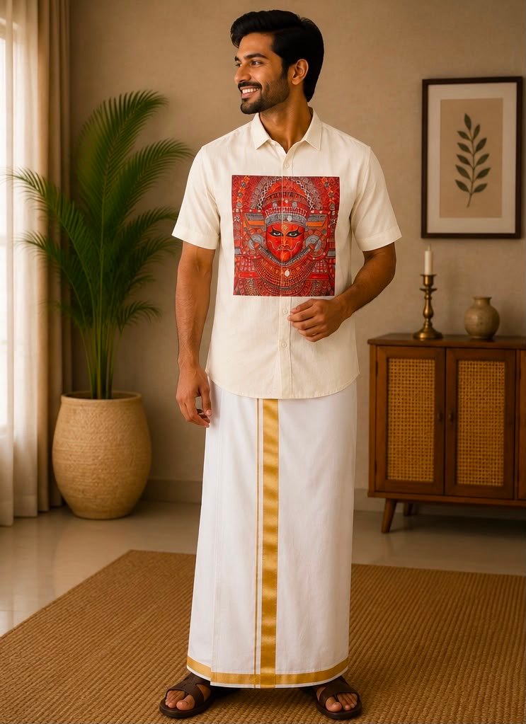 Men's Cream Theyyam Center-Graphic Short-Sleeve Shirt & Dhoti Set