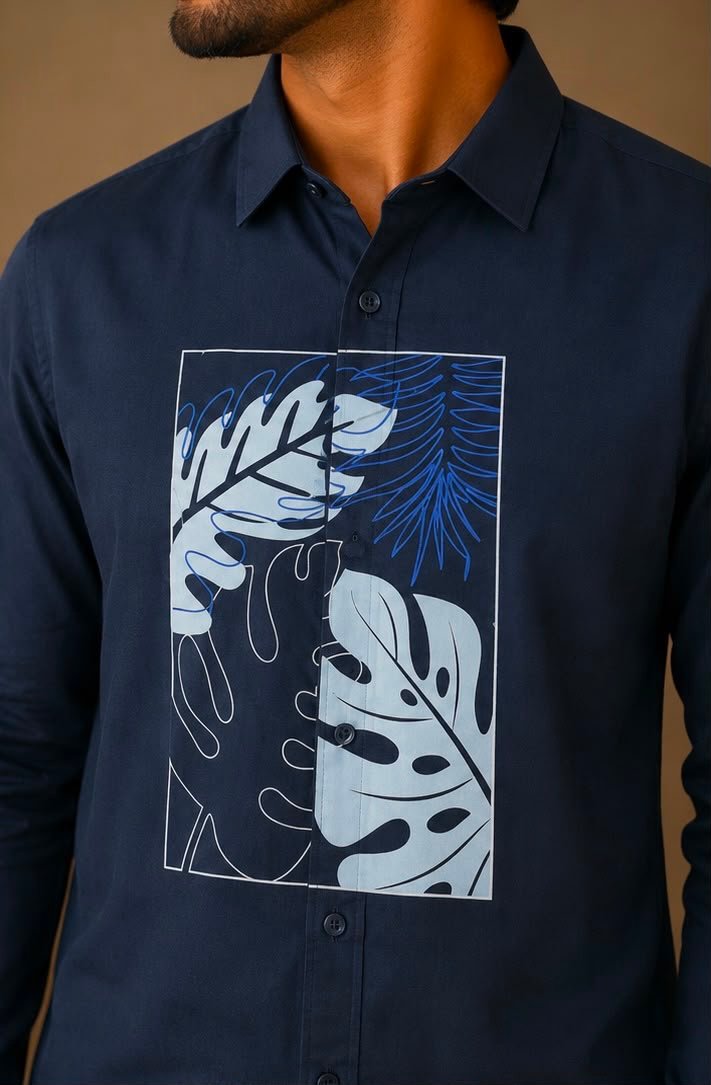 Men's Navy Blue Botanical Leaf Center-Graphic Long-Sleeve Shirt & Dhoti Set