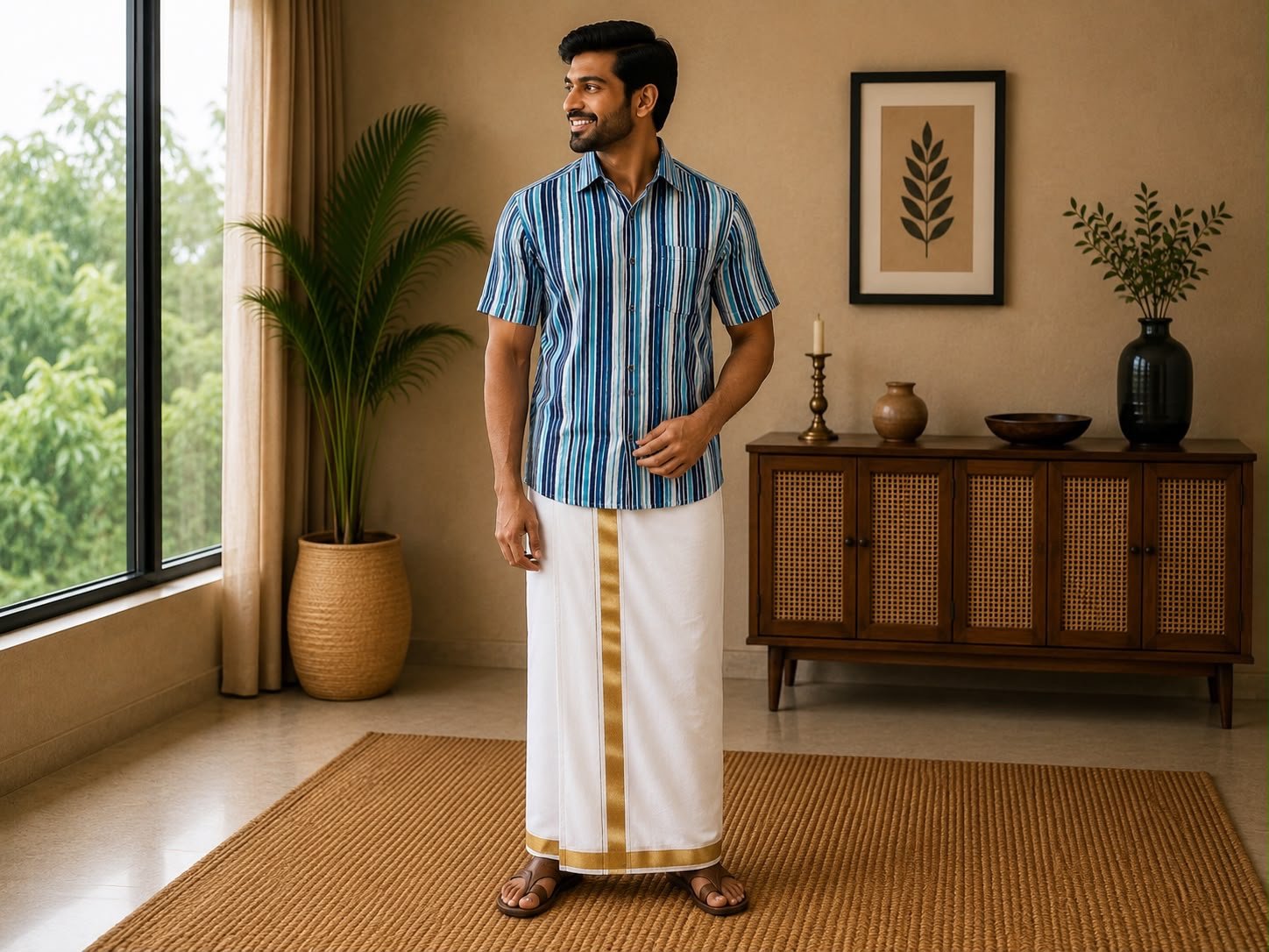 Men's Blue Striped Short-Sleeve Casual Shirt & Dhoti Set - Image 2