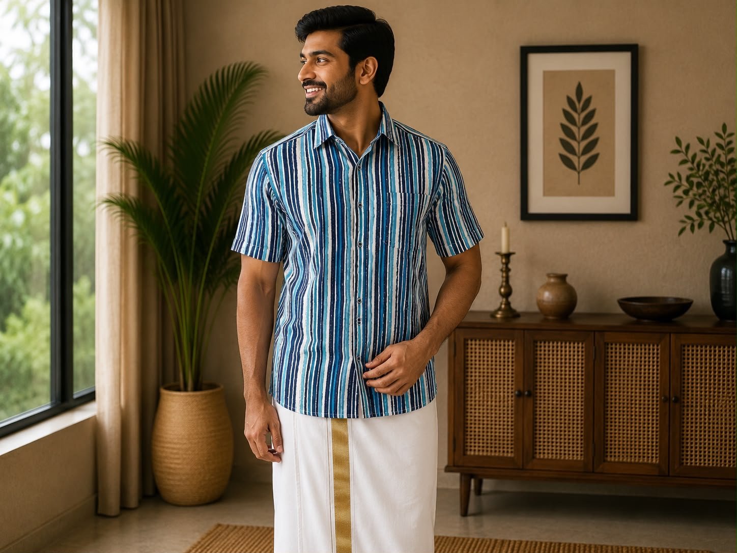 Men's Blue Striped Short-Sleeve Casual Shirt & Dhoti Set