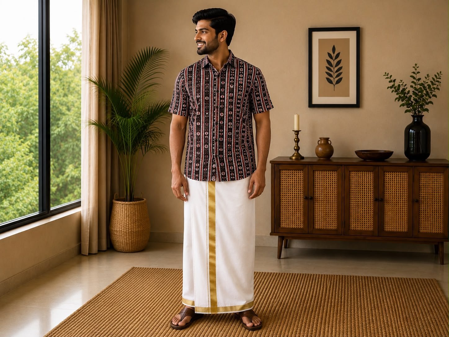 Men's Maroon Printed Short-Sleeve Casual Shirt & Dhoti Set