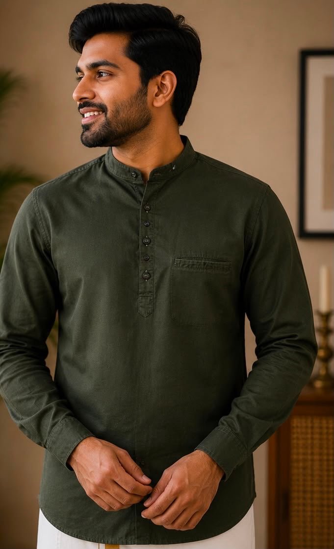 Men's Olive Green Mandarin Collar Long-Sleeve Kurta Shirt - Image 2