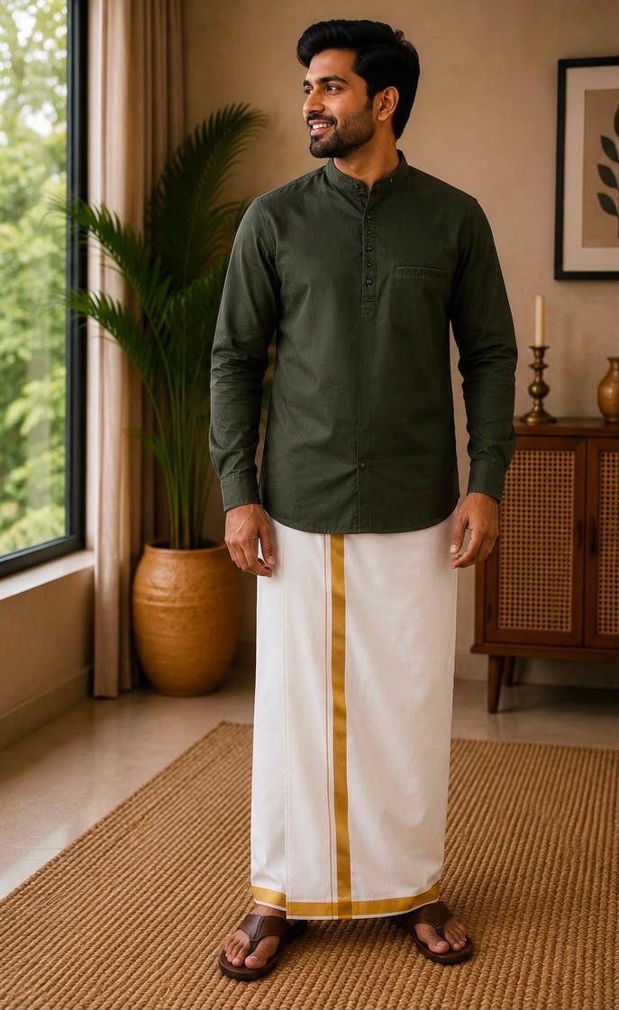 Men's Olive Green Mandarin Collar Long-Sleeve Kurta Shirt