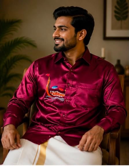 Men's Maroon Snake Boat Graphic Silk-Blend Long-Sleeve Shirt - Image 2
