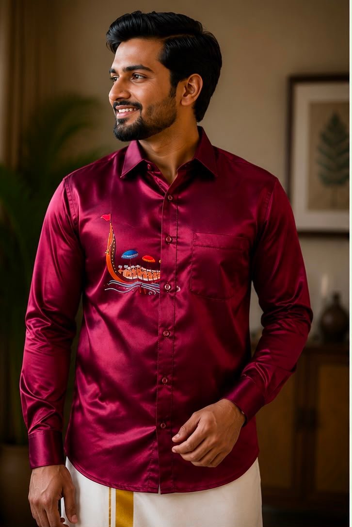 Men's Maroon Snake Boat Graphic Silk-Blend Long-Sleeve Shirt
