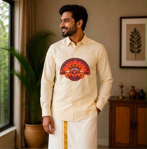Men's Cream Theyyam Graphic Long-Sleeve Shirt
