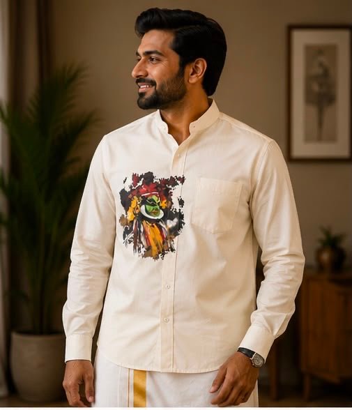 Men's Cream Kathakali Abstract Graphic Long-Sleeve Shirt
