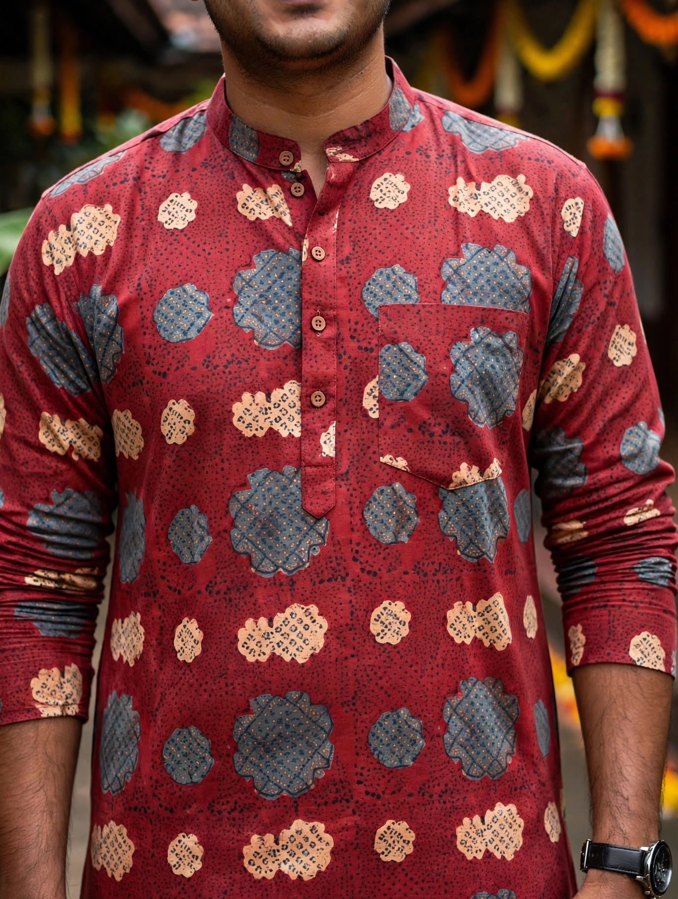 Men's Maroon Ajrakh Print Short Kurta
