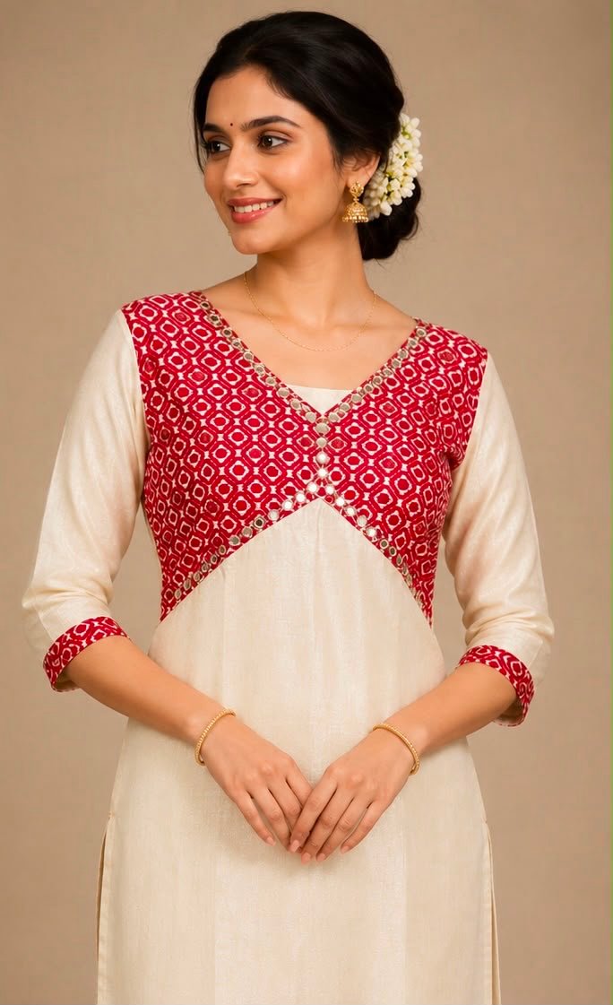 Elegant Cream & Red Mirror-Work Kurta