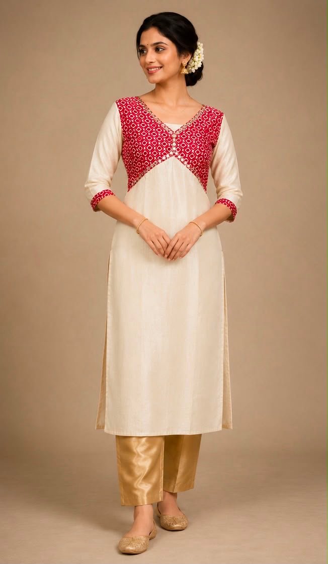 Elegant Cream & Red Mirror-Work Kurta - Image 2