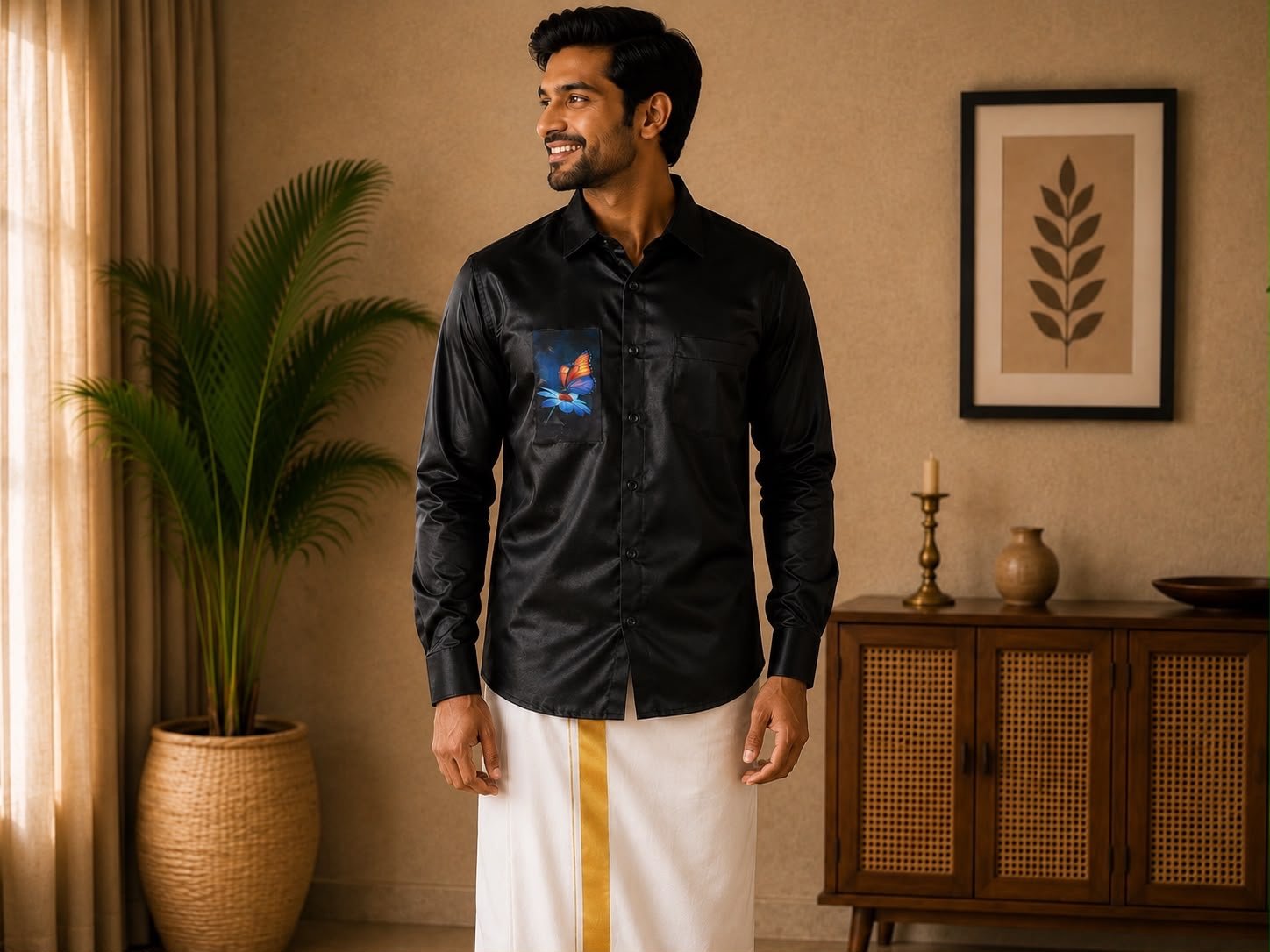 Men's Black Butterfly Graphic Shirt & Dhoti Set
