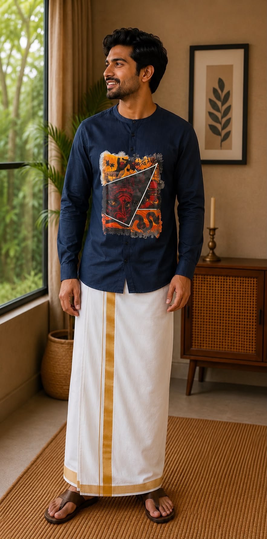 Men's Navy Blue Theyyam Graphic Mandarin Collar Shirt