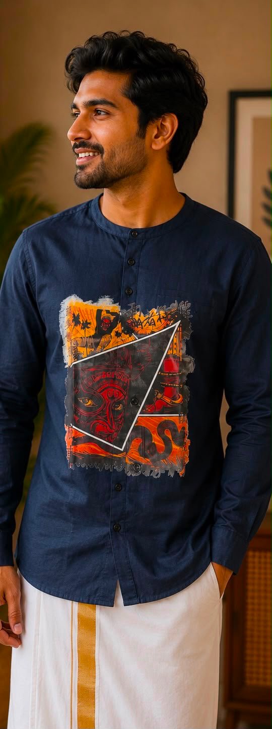 Men's Navy Blue Theyyam Graphic Mandarin Collar Shirt - Image 2