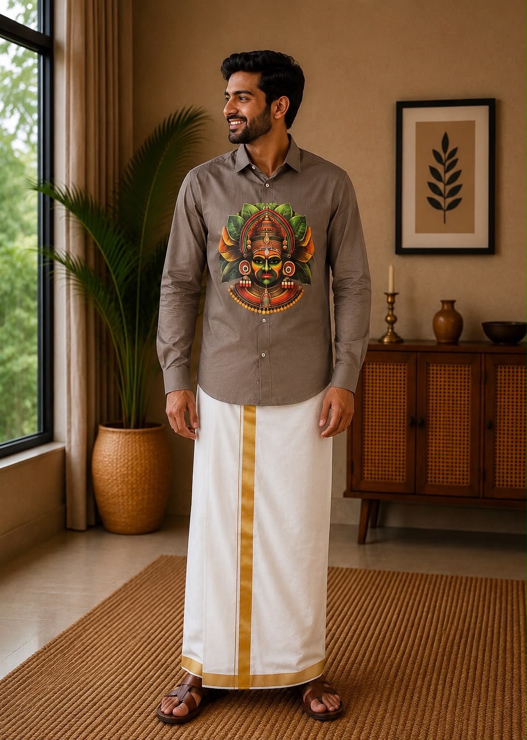 Men's Taupe Kathakali Graphic Shirt & Dhoti Set - Image 2