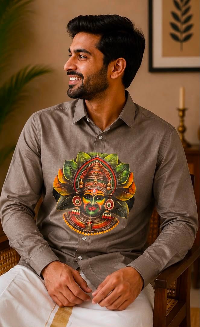 Men's Taupe Kathakali Graphic Shirt & Dhoti Set