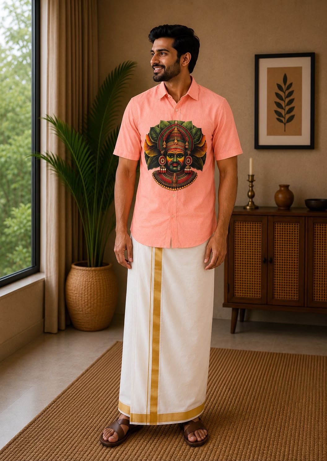 Men's Peach Kathakali Graphic Shirt & Dhoti Set - Image 2