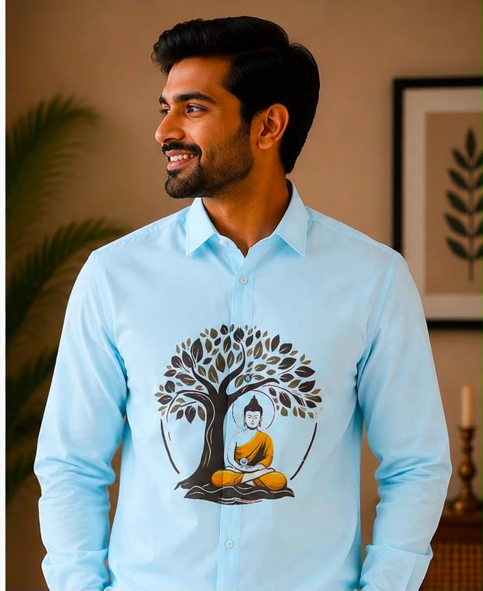 Men's Light Blue Buddha Graphic Shirt & Dhoti Set