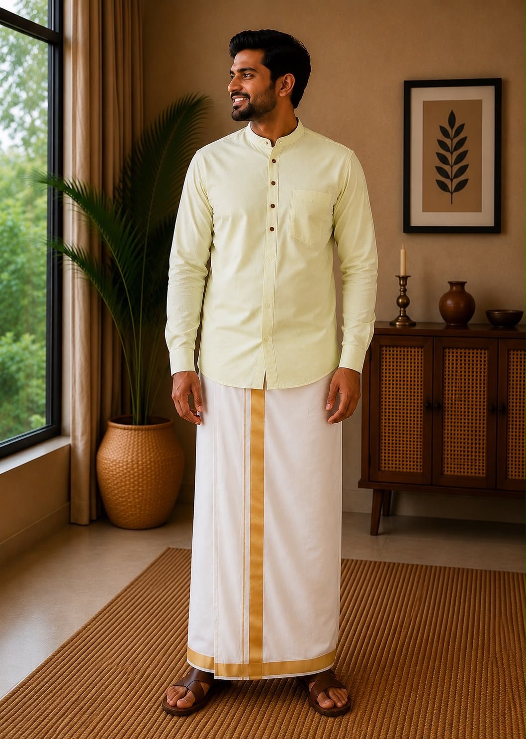Men's Light Green Printed Mandarin Collar Long-includes the shirt only. - Image 2