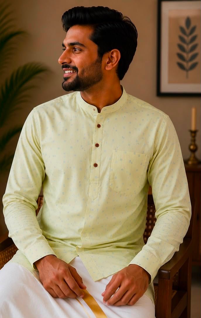 Men's Light Green Printed Mandarin Collar Long-includes the shirt only.