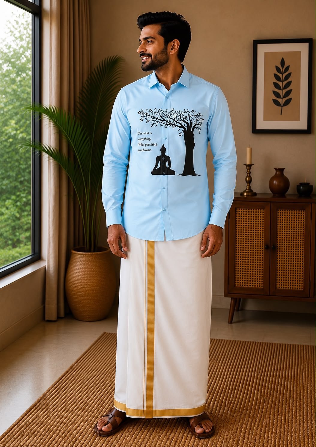 Men's Light Blue Buddha Graphic Long-Sleeve Shirt - Image 2