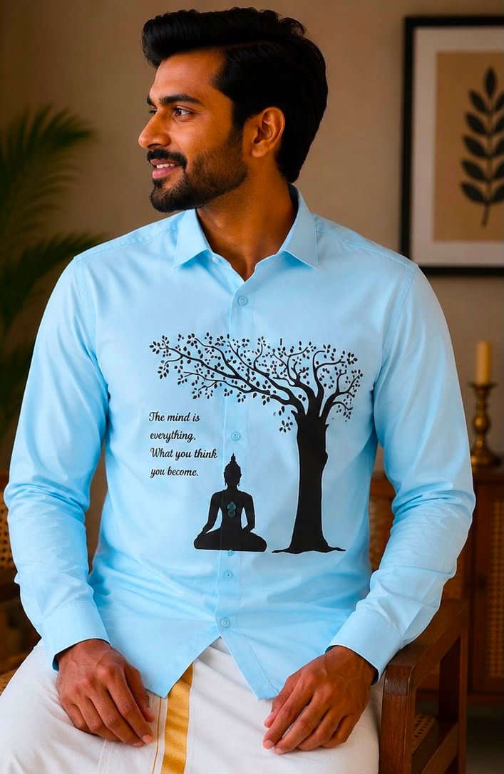 Men's Light Blue Buddha Graphic Long-Sleeve Shirt