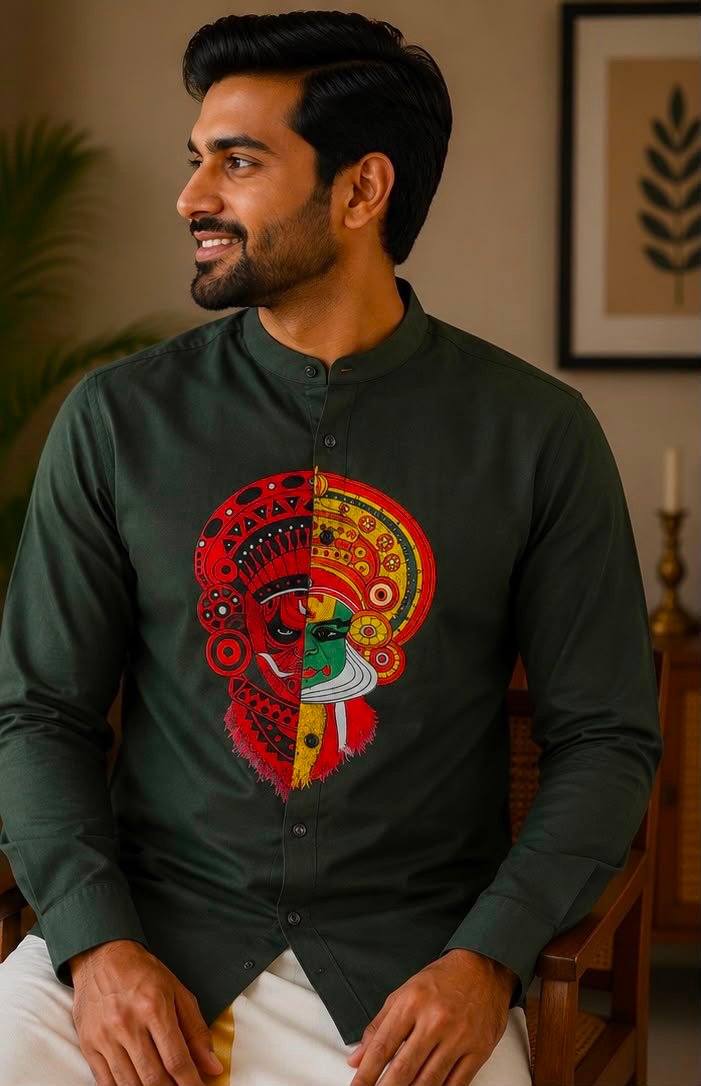Men's Dark Olive Green Kathakali & Theyyam Graphic Mandarin Collar Shirt