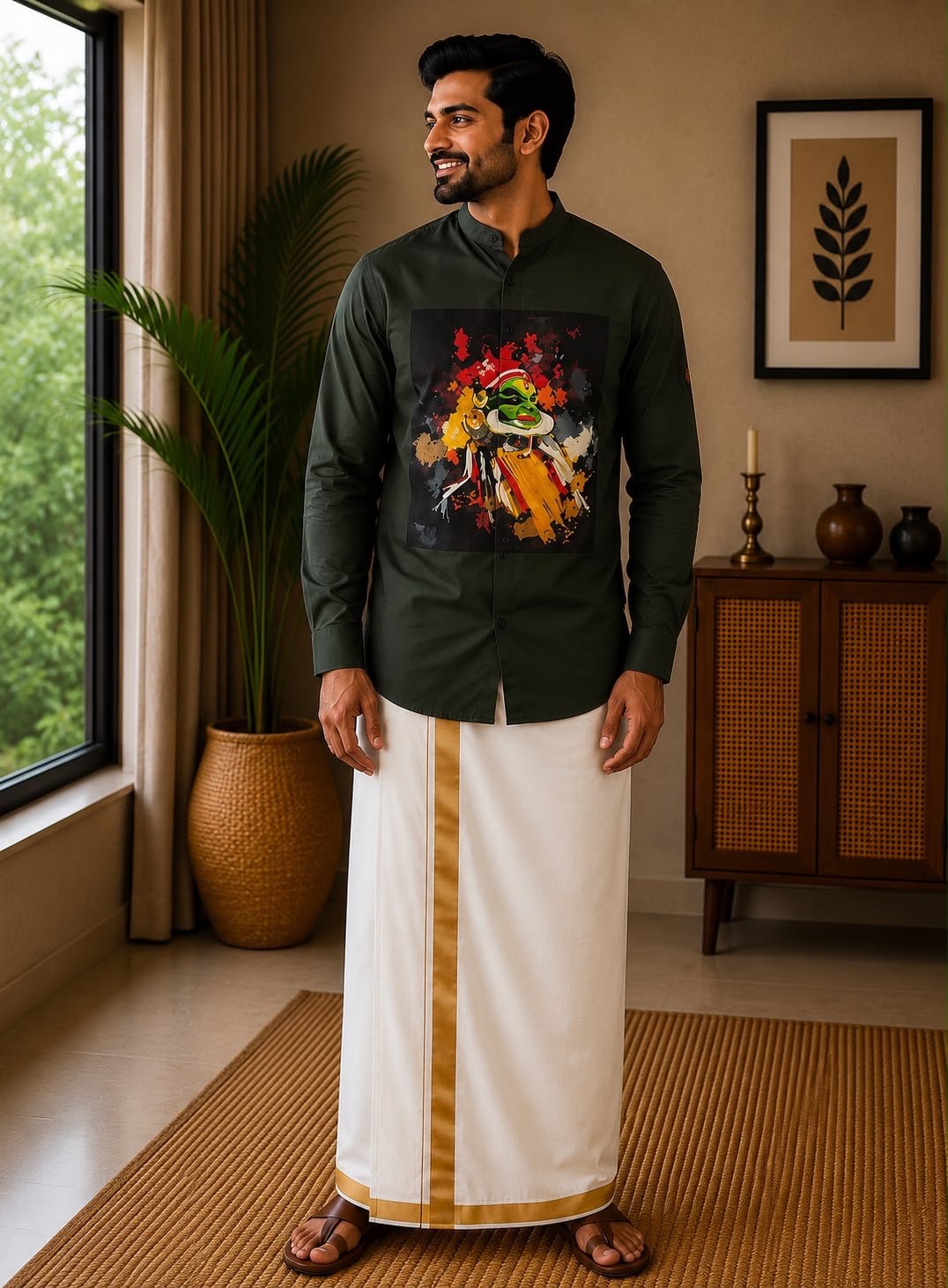 Men's Dark Olive Green Kathakali Abstract Graphic Mandarin Collar Shirt - Image 2