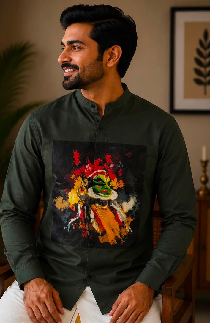 Men's Dark Olive Green Kathakali Abstract Graphic Mandarin Collar Shirt