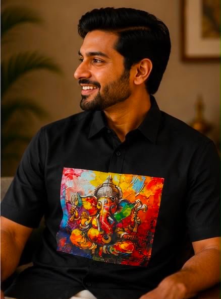 Men's Black Lord Ganesha Abstract Graphic Short-Sleeve Shirt