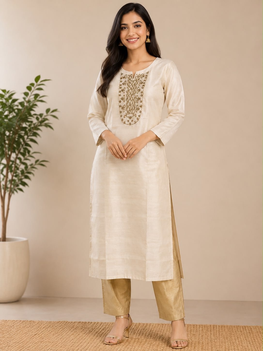 Graceful Embroidered Cream Kurta