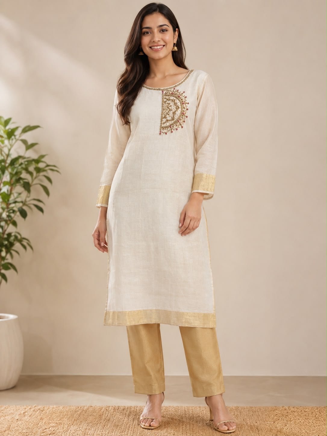 Chic Asymmetric Embroidered Kurta