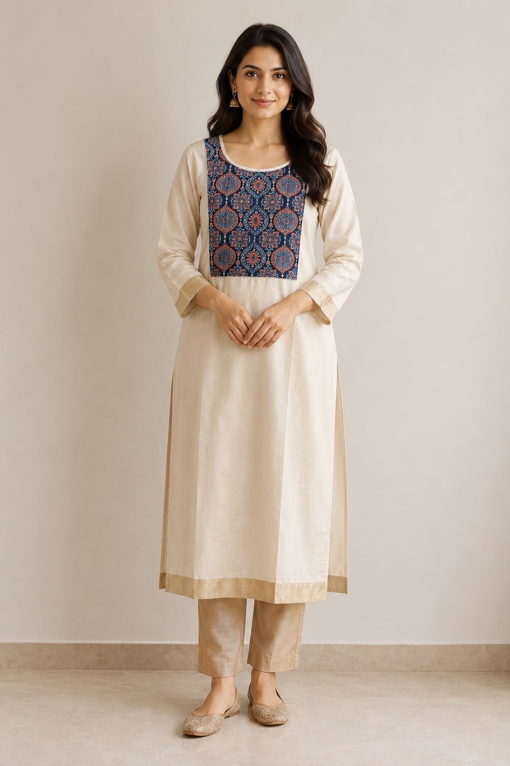Elegant Patterned Yoke Off-White Kurta
