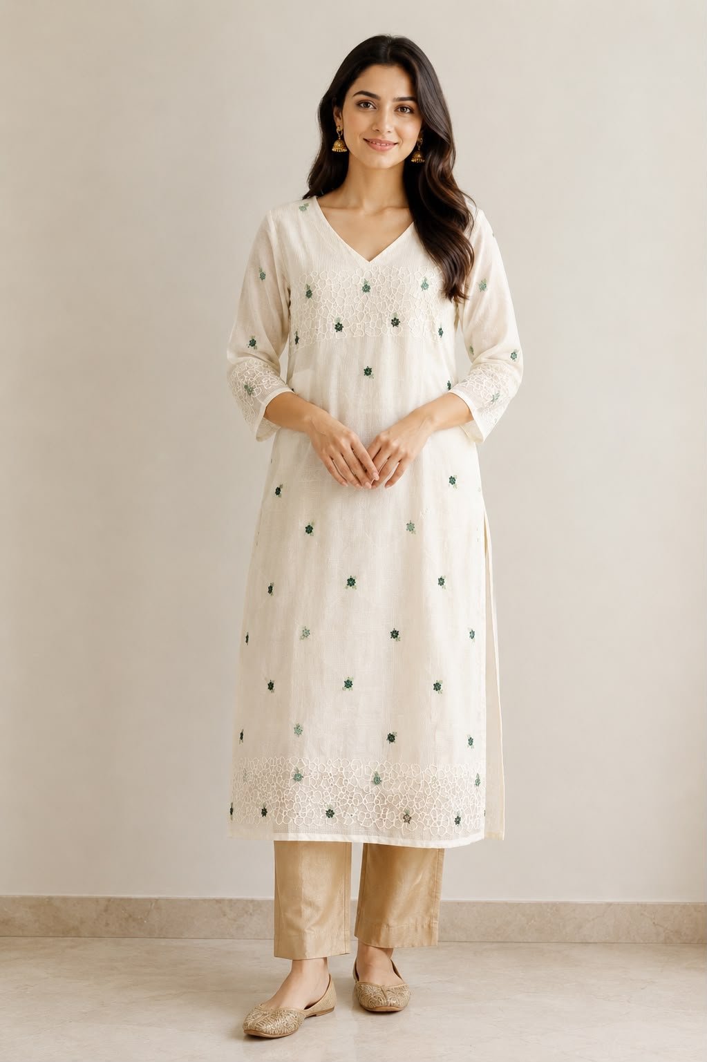 Floral Embroidered V-Neck Off-White Kurta