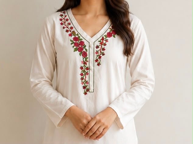 Floral Embroidered V-Neck Off-White Kurta