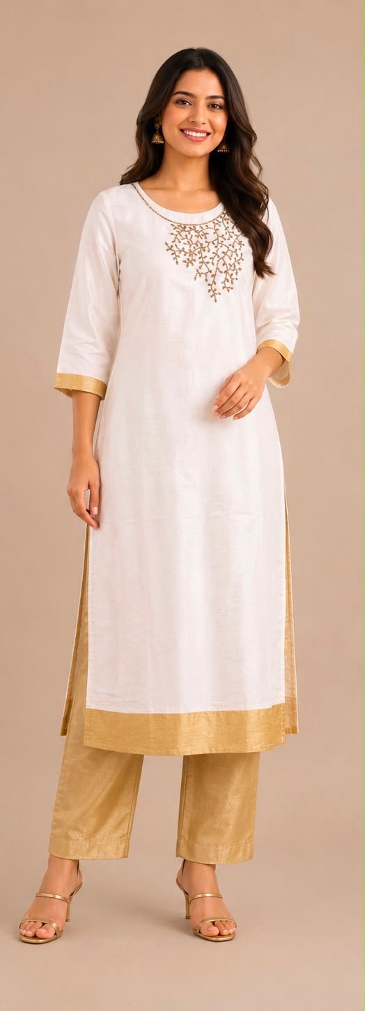 Elegant Floral-Embellished Off-White Kurta