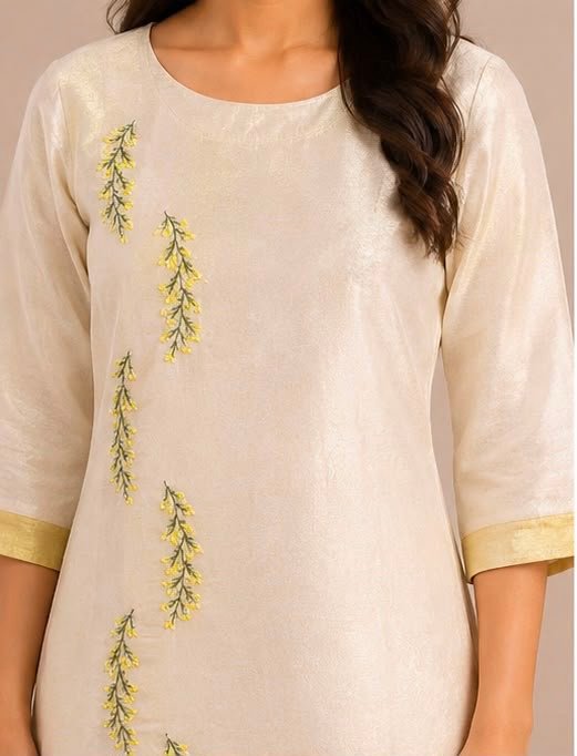 Elegant Floral-Embroidered Off-White Kurta