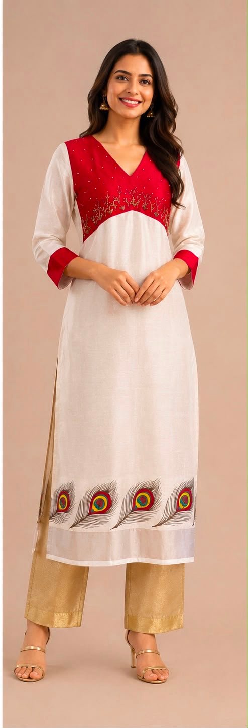 Peacock Feather Hem Embroidered Kurta