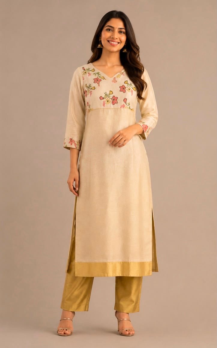 Floral Embroidered V-Neck Beige Kurta