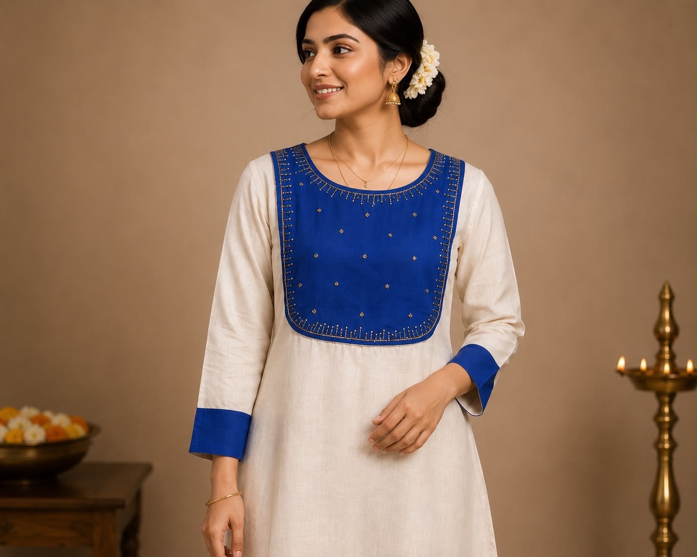 Contrast Yoke Off-White Kurta