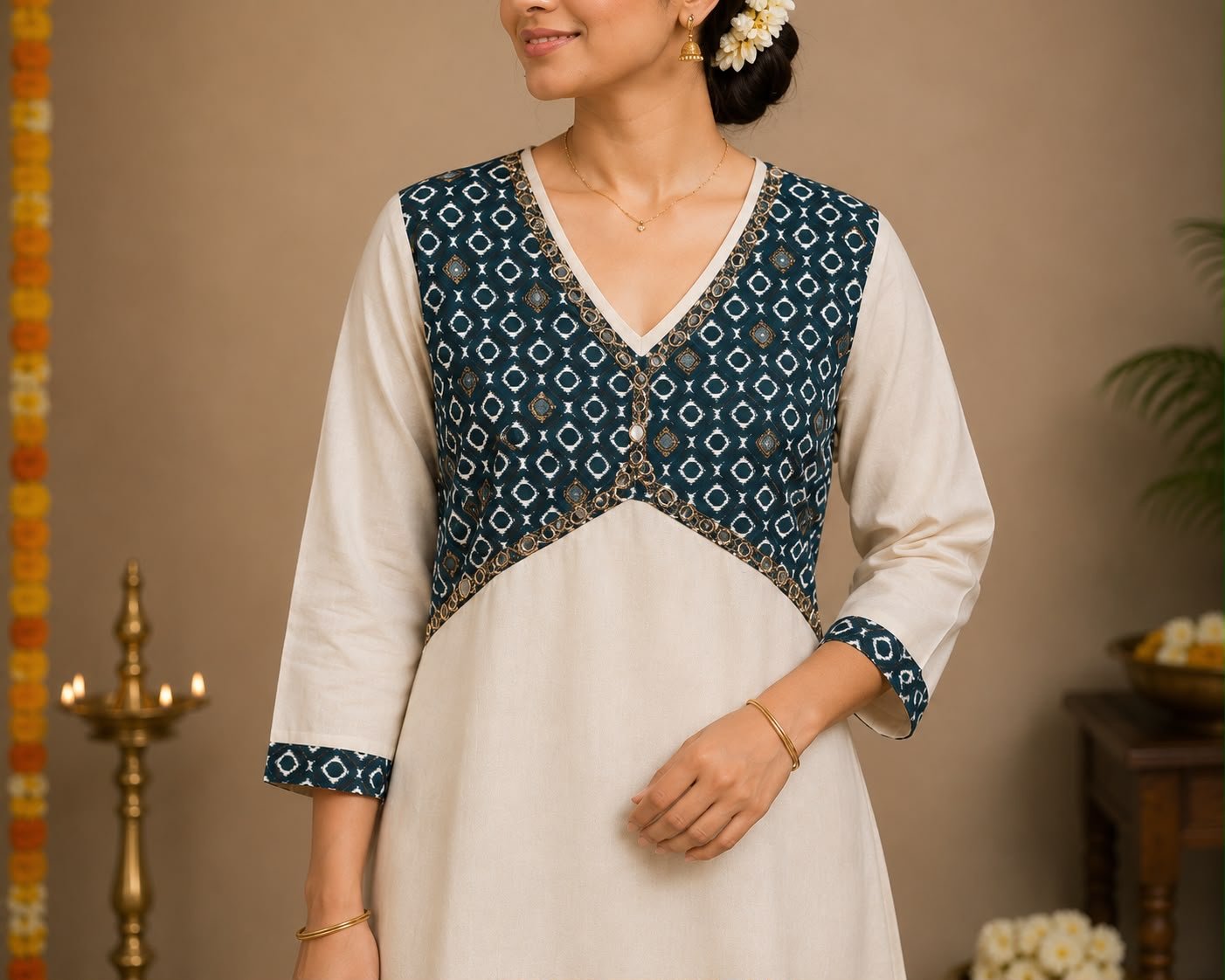 Geometric Yoke Off-White Kurta
