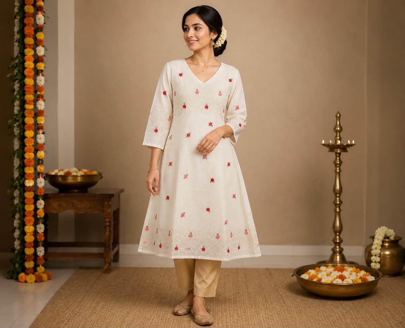 Floral Embroidered A-Line Off-White Kurta - Image 2