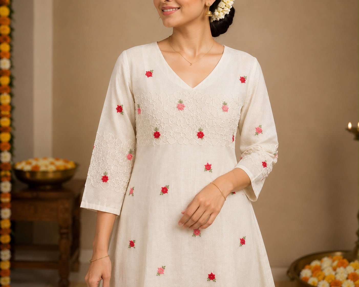 Floral Embroidered A-Line Off-White Kurta