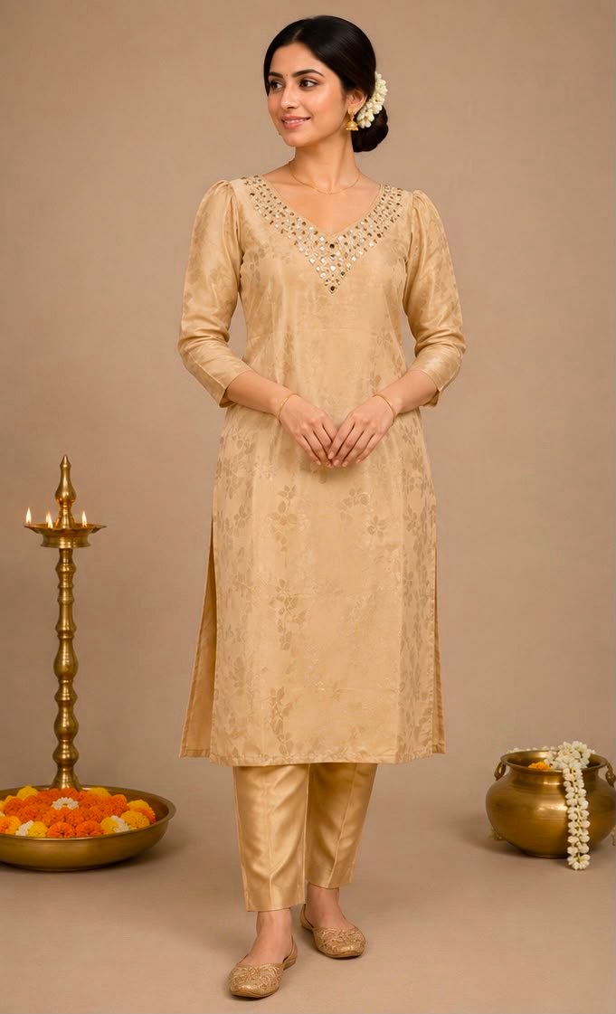 Mirror-Embellished Beige Jacquard Kurta