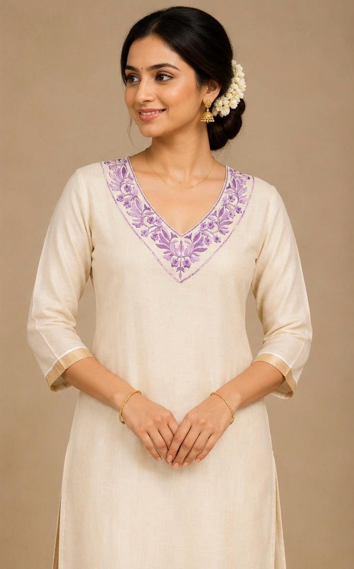 Floral Purple-Embroidered Off-White Kurta