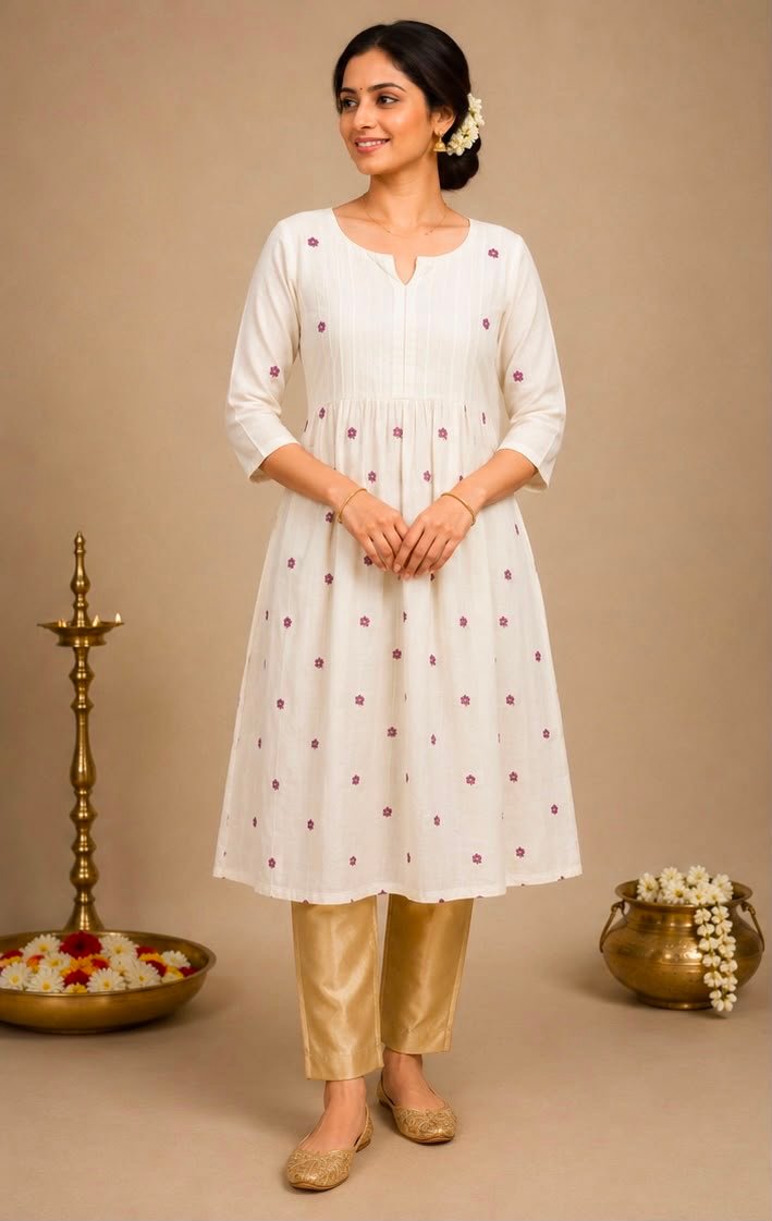 Dainty Floral-Print Pleated Off-White Kurta