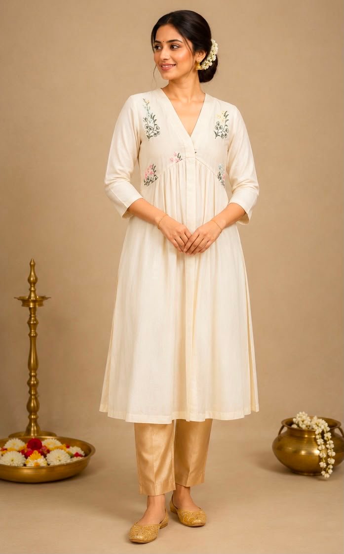 Floral Embroidered A-Line Off-White Kurta - Image 2