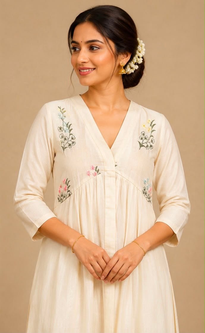 Floral Embroidered A-Line Off-White Kurta