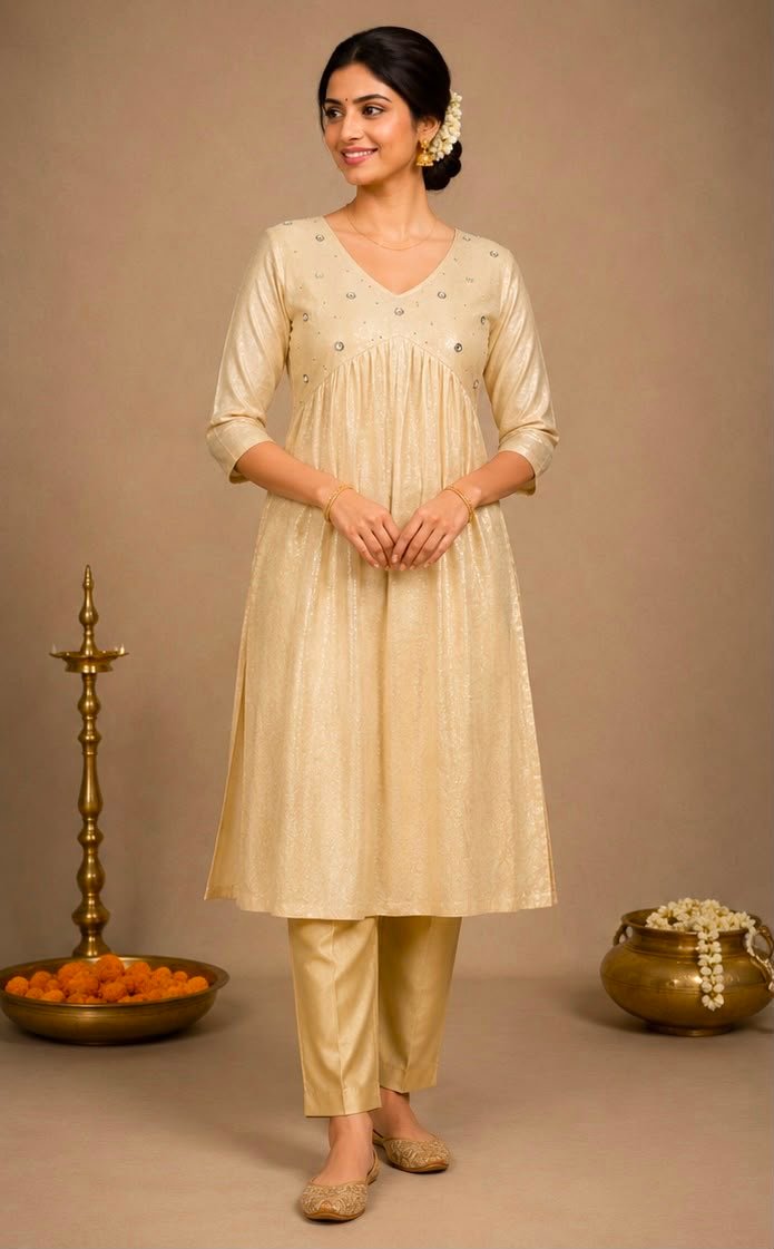 Mirror-Accented Shimmering Gold Kurta