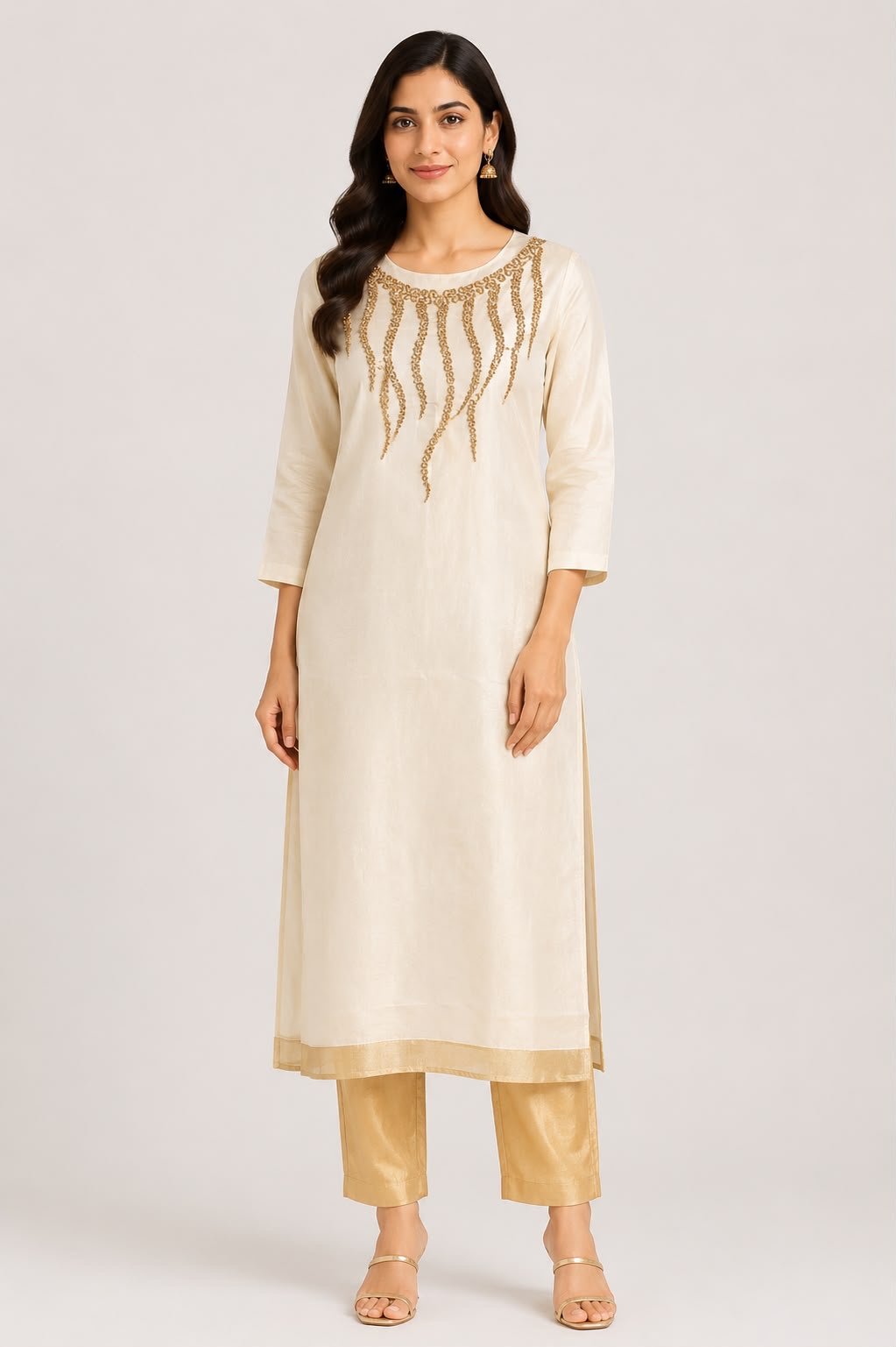Embellished Gold-Accented Off-White Kurta